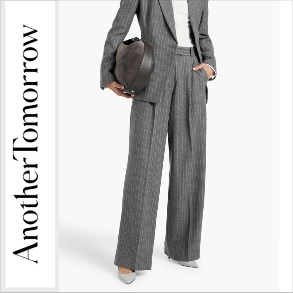NWOT $590 Another Tomorrow Wide Leg Wool pinstriped flannel pants Trousers 38